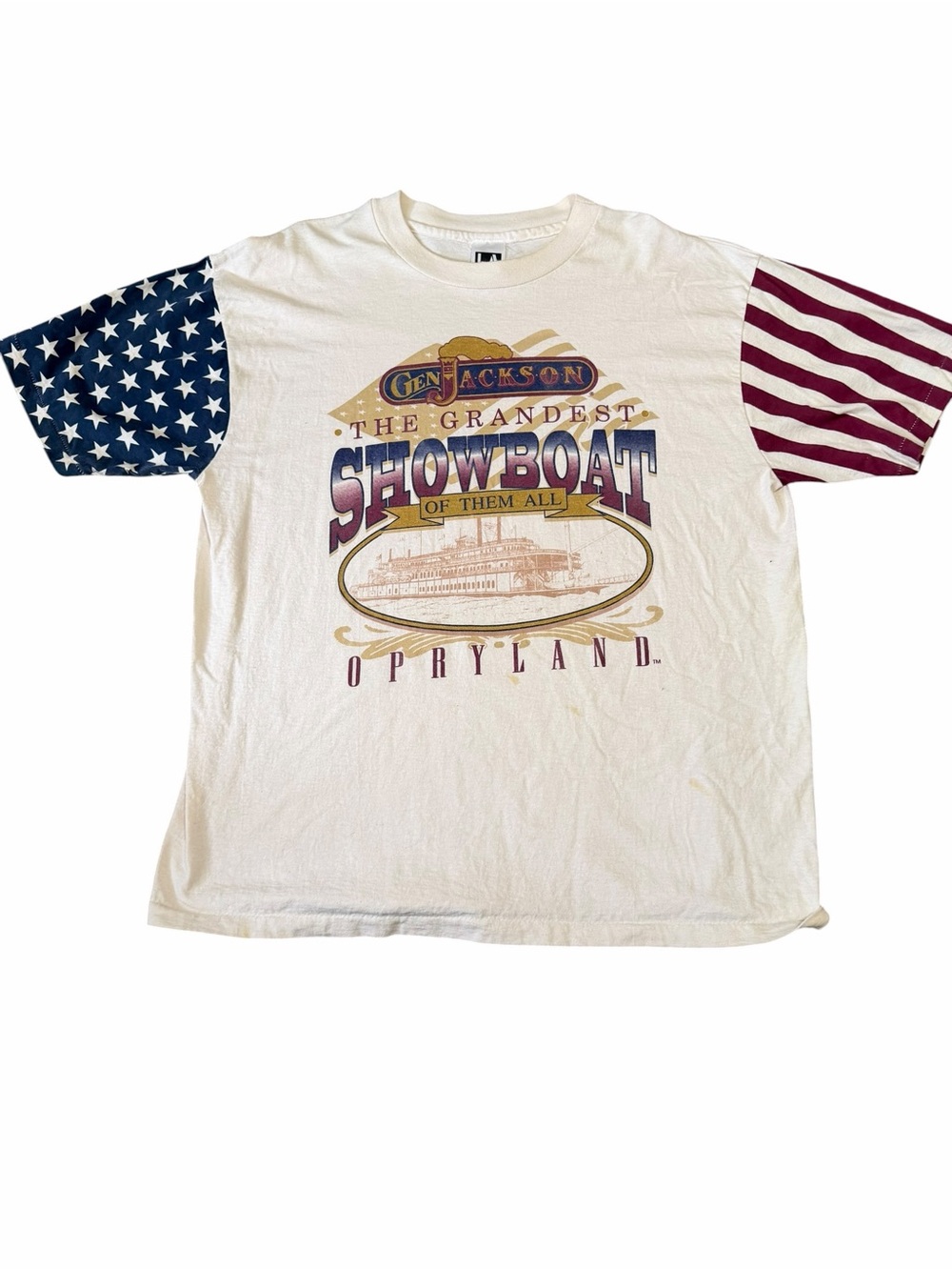 Vintage Opryland Graphic Tee with Blue, Red & Gold Showboat Design size XL